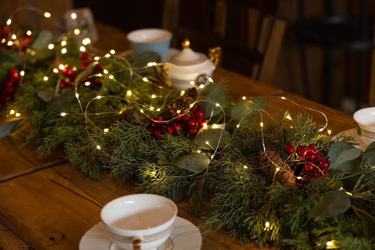 6.3FT Christmas 144 Branch Tips Cedar Garland with LED String Lights, Anna's Whimsy Seasonal
