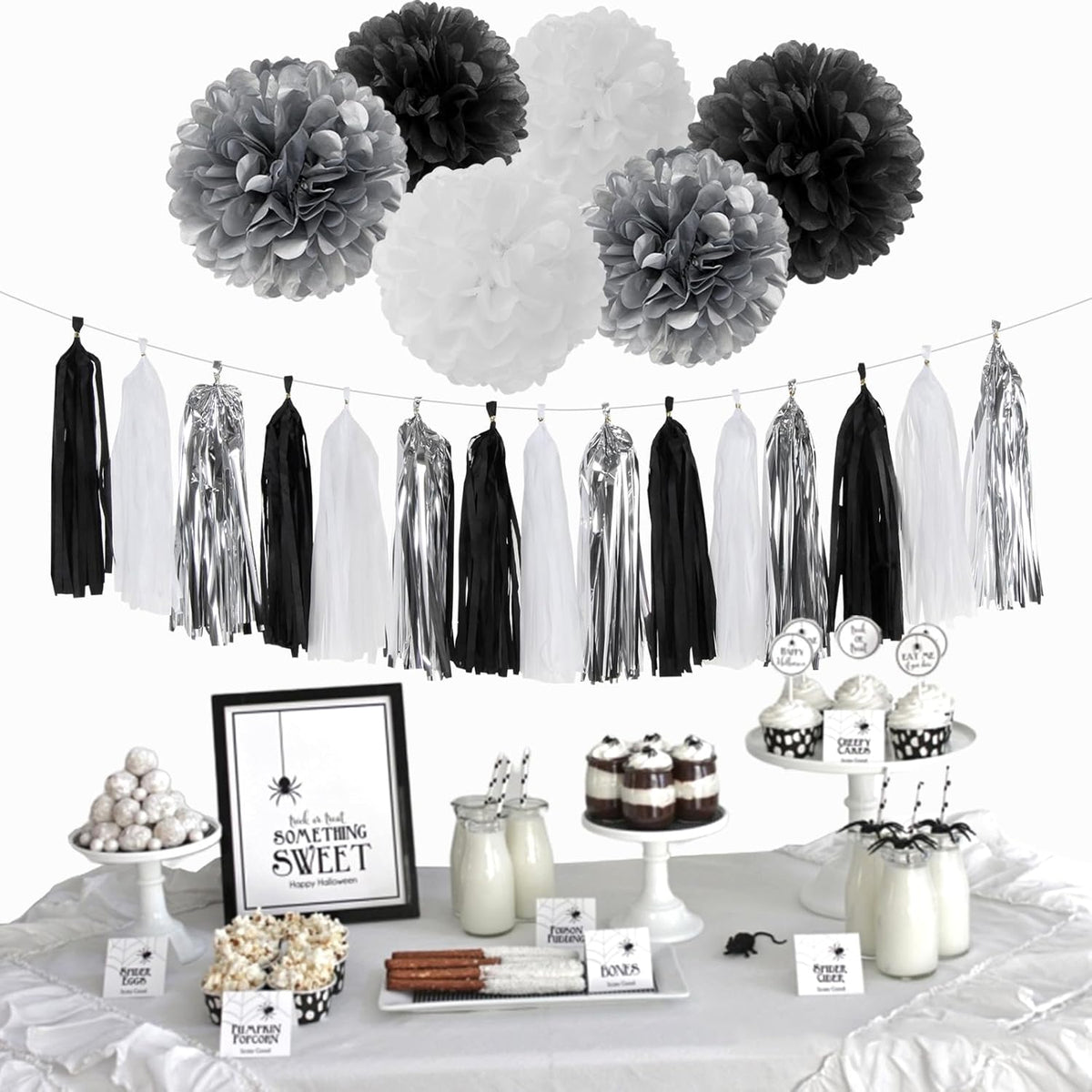 Black White Silver Party-Decorations Streamers - 23pcs Tissue Pom Poms, Graduation Men Boys