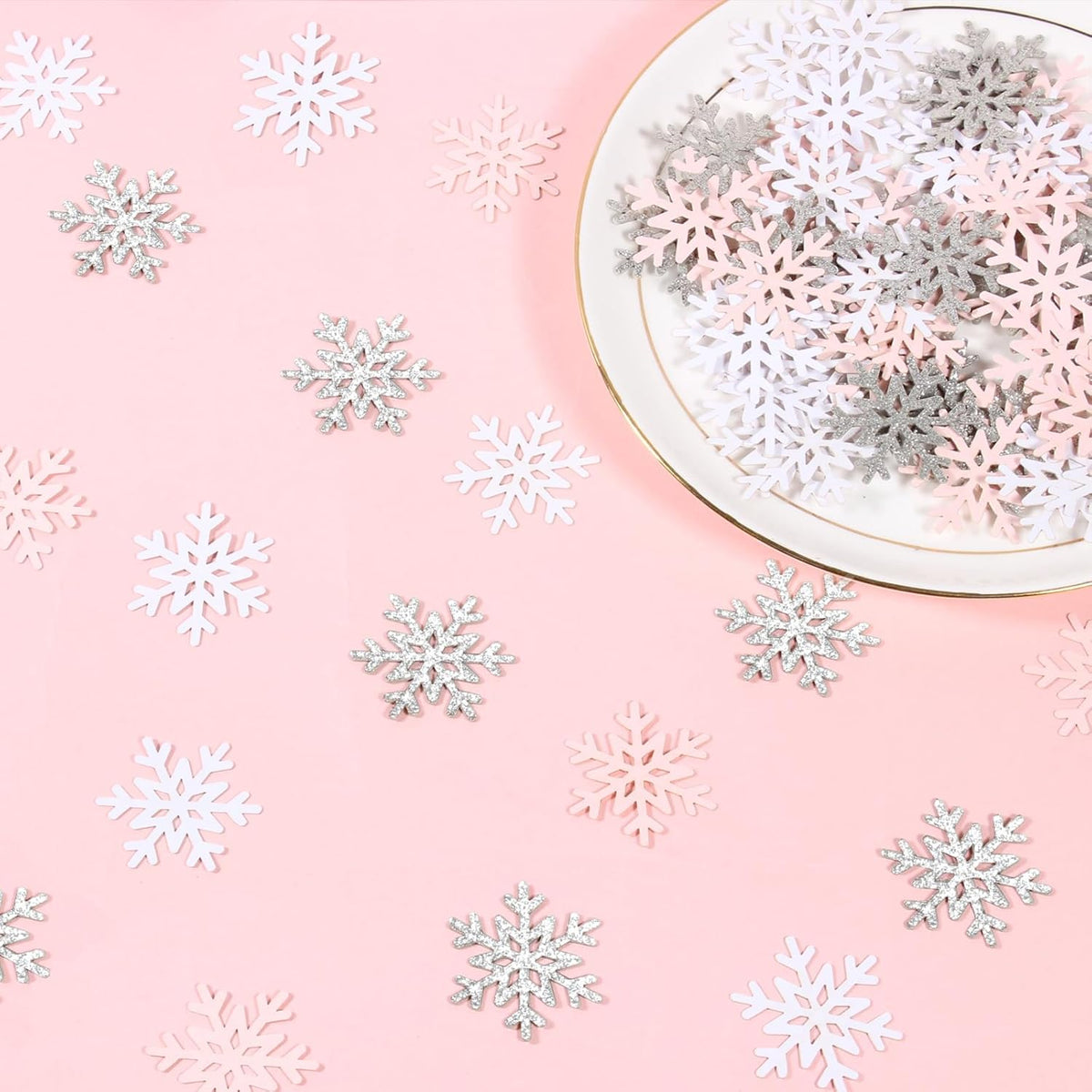 200PC White Pink Silver Snowflake Confetti for Winter Wonderland Decorations Small Snowflakes Table