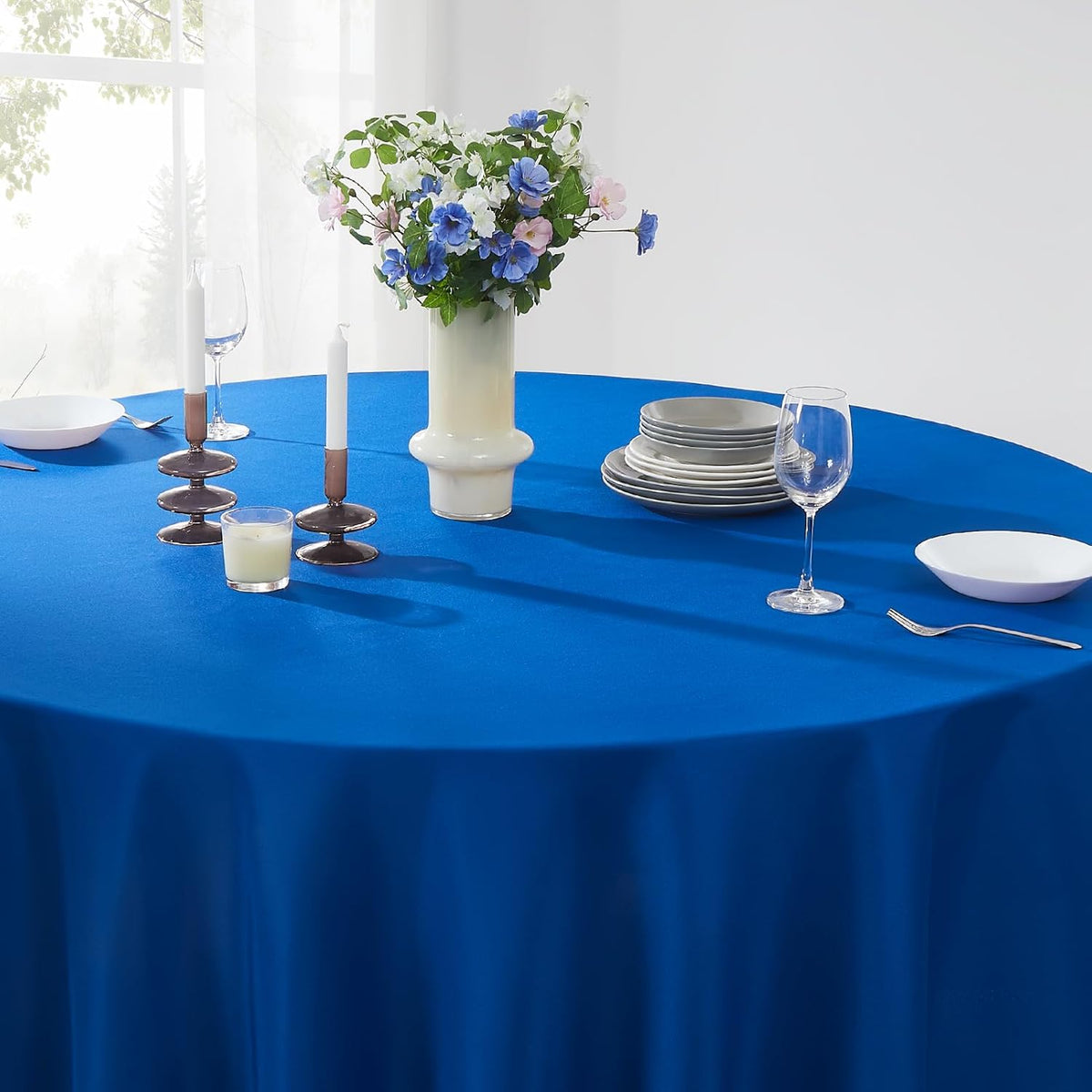 Round Tablecloth 2 Pack 90 Inch Royal Blue Tablecloths Washable Decorative Linen Polyester Table