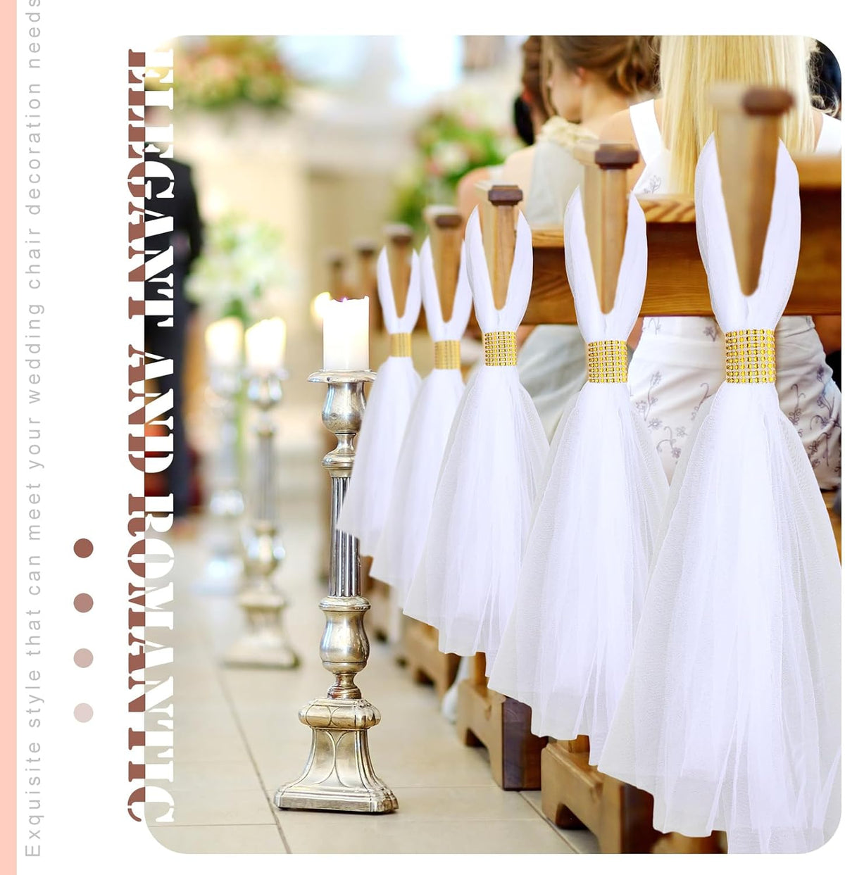 24 Set Wedding Aisle Chair Decorations 31.5 Inch Pew Bows with Long Tulle Tails and Rhinestone wrap