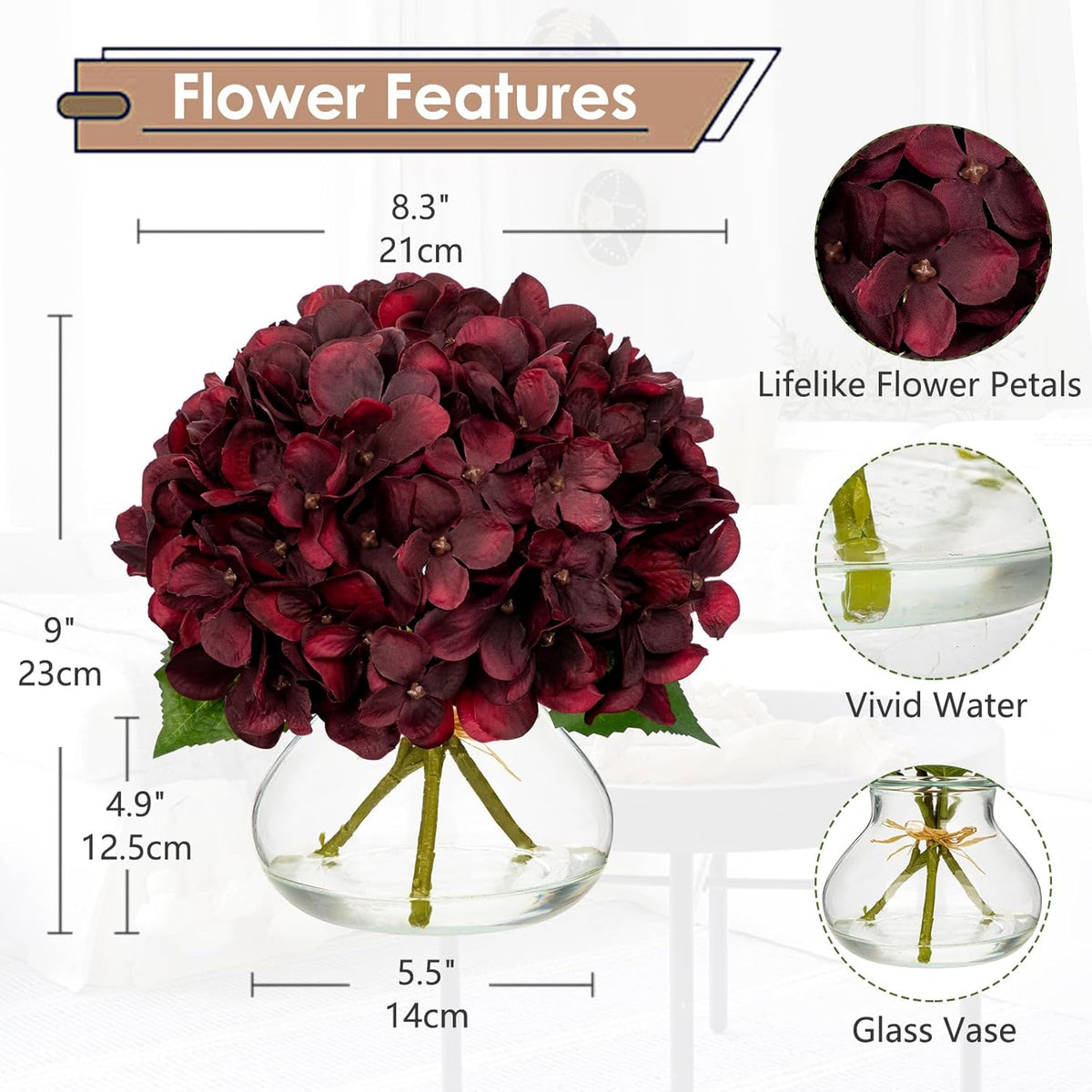 Hollyone Dark Red Fall Hydrangea Artificial Flowers for Decoration in Glass Vase Autumn Silk Faux