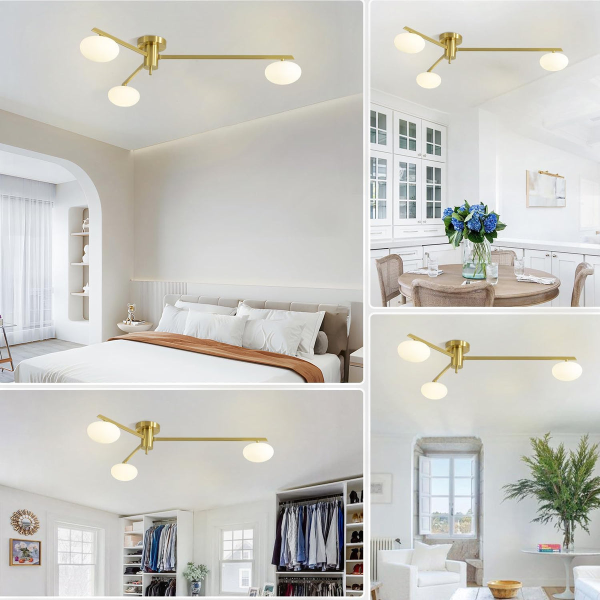 3-Light Gold Semi Flush Mount Ceiling Light,Modern Sputnik Chandelier,Mid Century Industrial