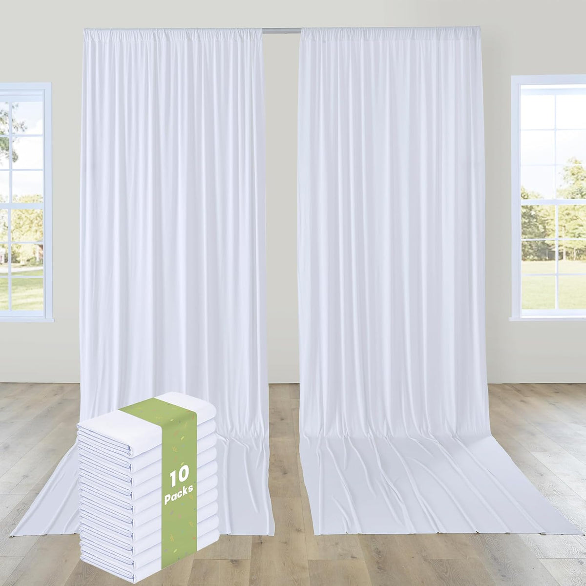 PartyVillage 50ft×15ft White Backdrop Curtain for Wedding Parties, 10 Panels Wrinkle Free 15 FT