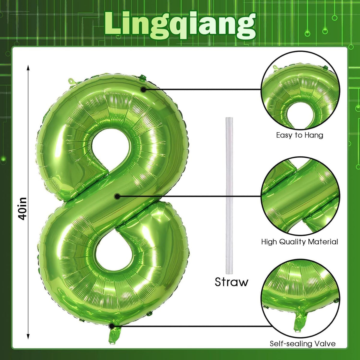 40 Inch Green Foil Balloon Number 8, Giant Self Inflating Number Balloons 0-9 for Men Women