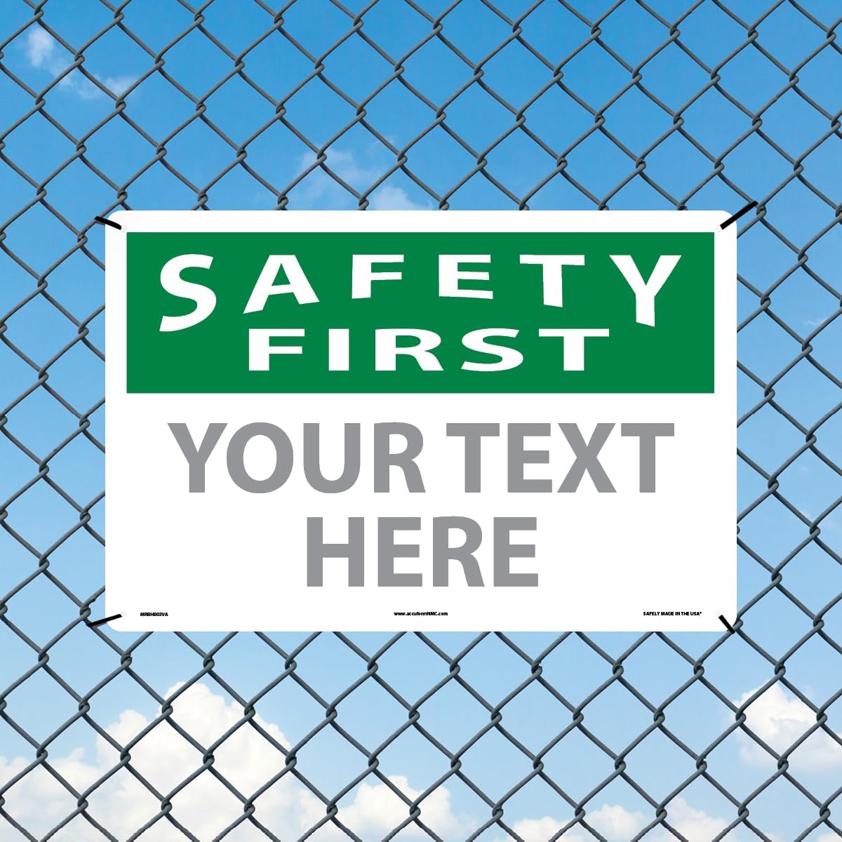 Custom OSHA Style Safety First Sign 12" x 18" Aluminum Sign, Customizable "Your Text Here", by