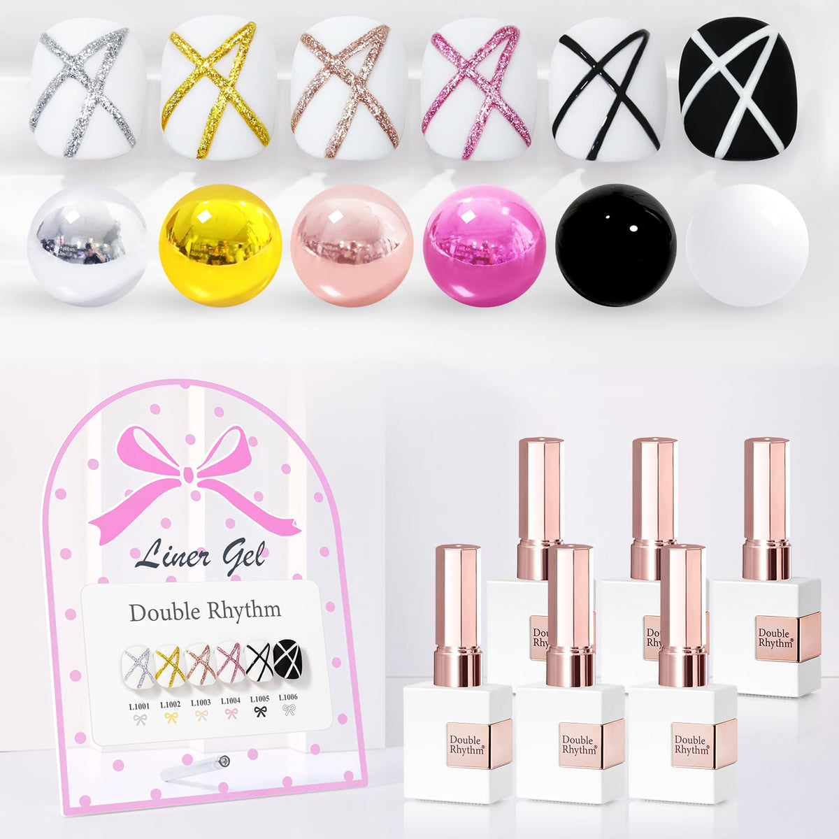 Double Rhythm 6 Pcs 15 ML Gel Liner Polish Nail Art Set Chrome Metallic Glitter Soak Off Gel Polish