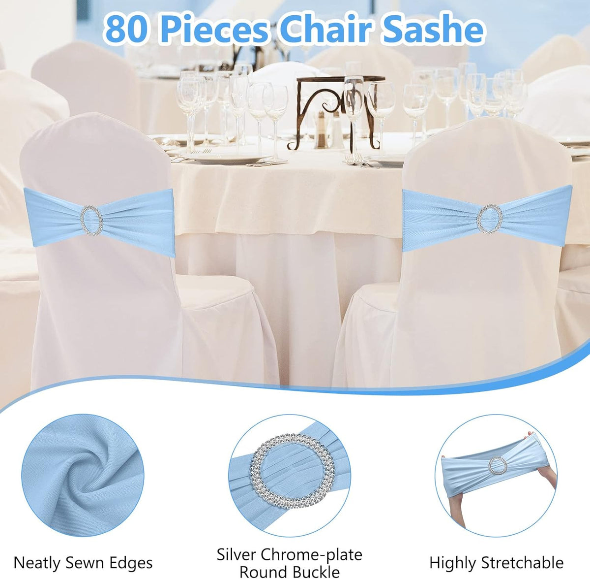 CHENGU 150 Pieces Spandex Stretch Chair Sashes Bows Elastic Chair Cover Bands Ties with Buckle