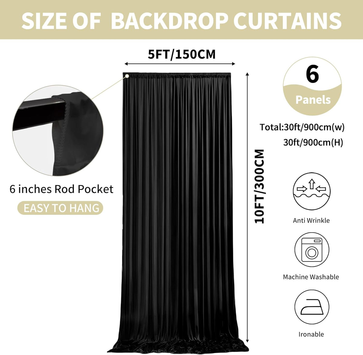 30x10ft Backdrop Curtains for Parties, 6 Panels 5x10ft Curtains Photography Drapes Rod Pocket
