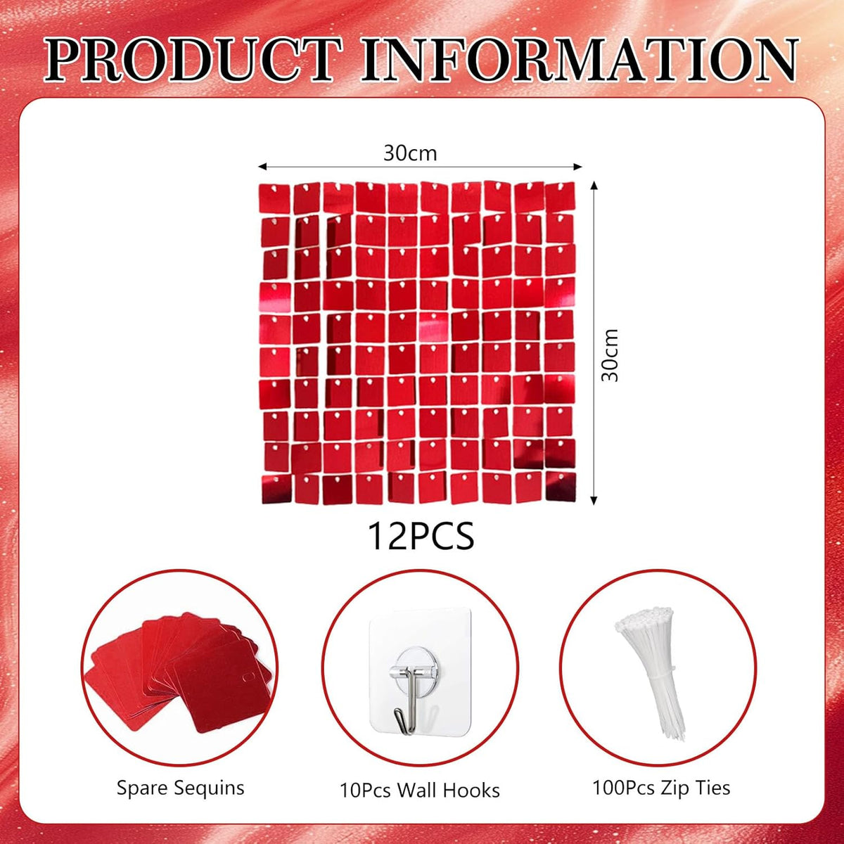 12PCS Red Shimmer Wall Backdrop, Square Sequin Photo Backdrops Panel, Glitter Wall Background for