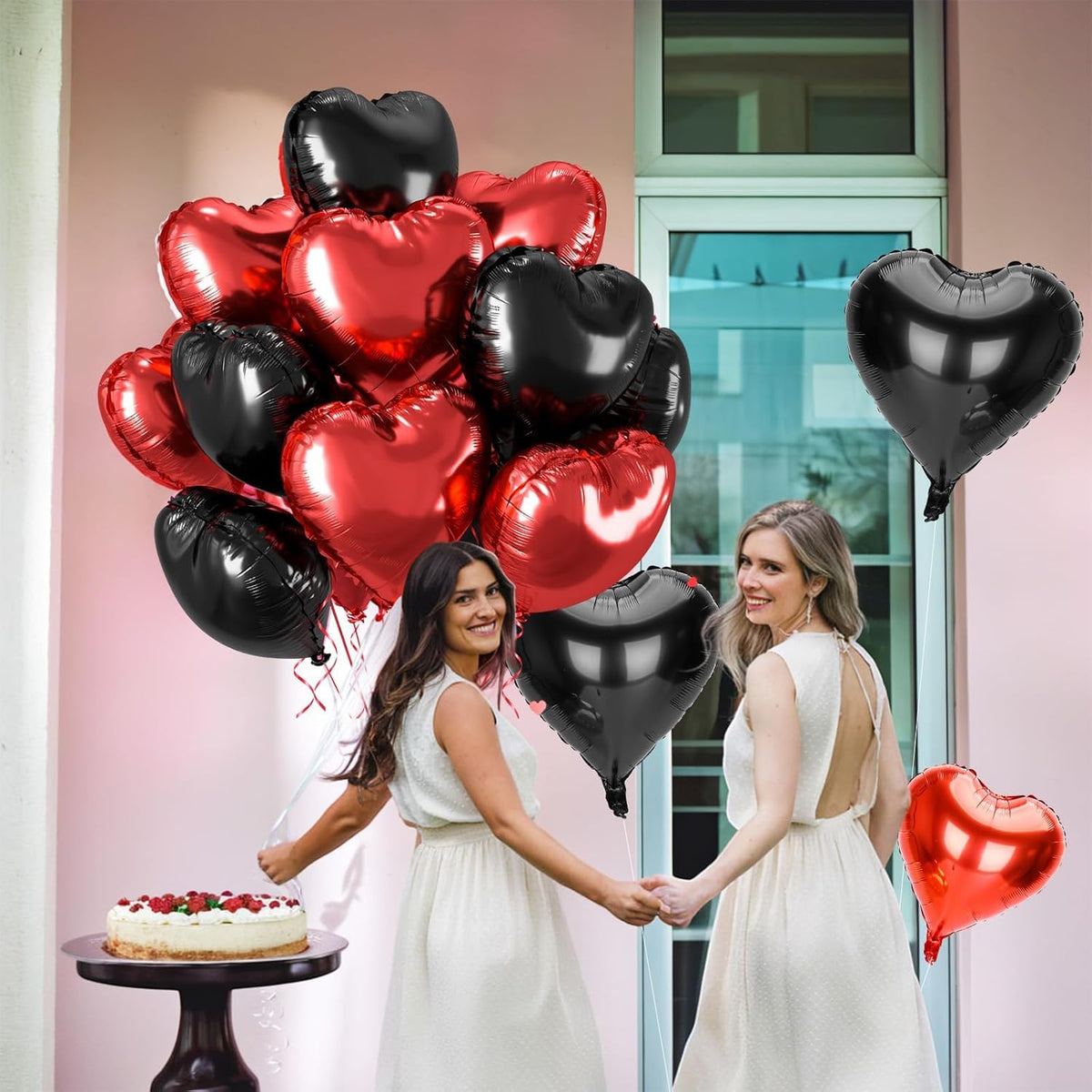 12 Pcs Heart Balloons, 18 inch Valentine's Day Heart Shaped Balloons, Red Black Foil Helium