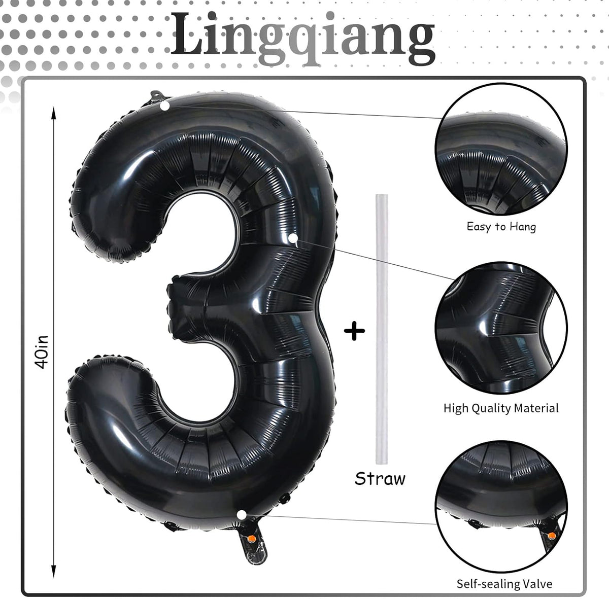 40" Black Number 3 Balloon for Birthday Party Decorations, Large Self Inflating Helium Foil Number