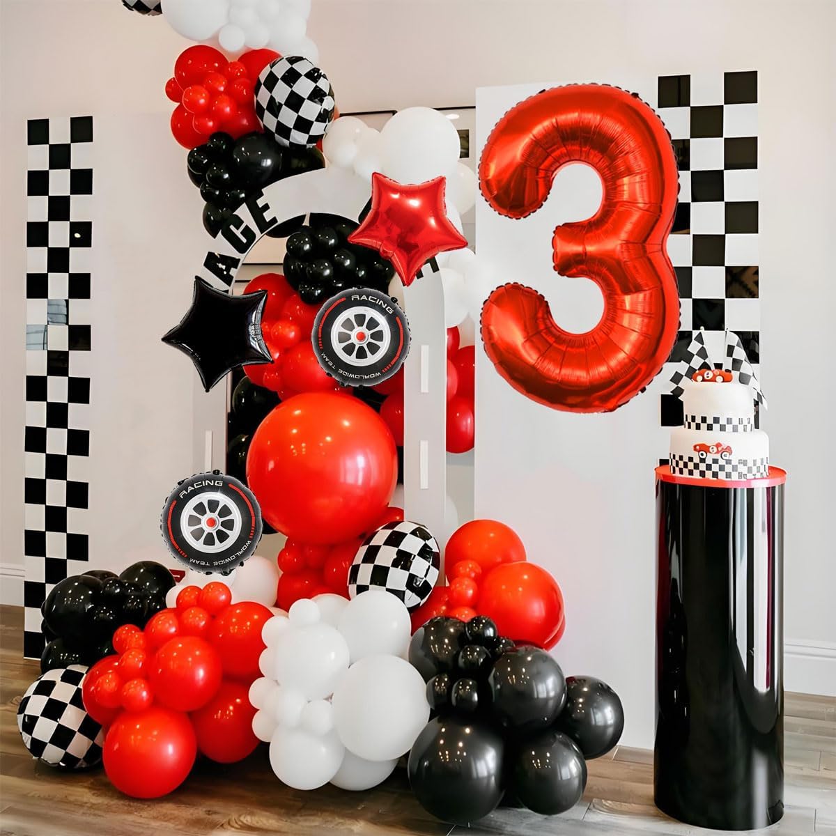 Race Car Birthday Party Decorations - 40 Inch Mylar Red Number 3 Balloons - Black Foil Checkered