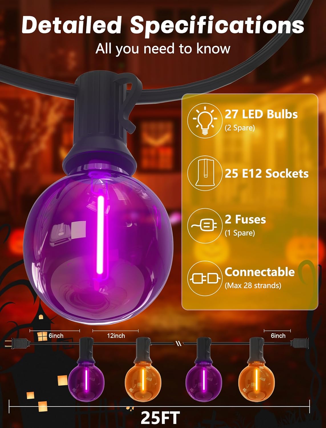 SUNSGNE G40 LED Outdoor Halloween String Lights 25FT Globe String Lights with 27 LED Shatterproof