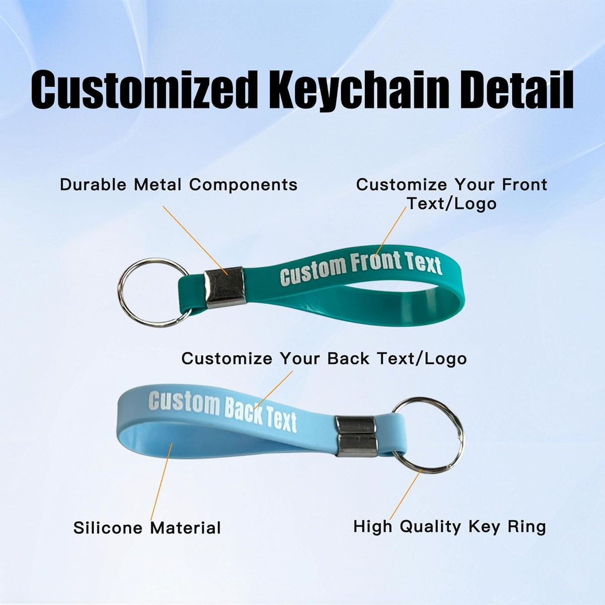 50 Personalized Silicone Keychains for Backpack Key Cellphone, Custom Silicone Keyrings