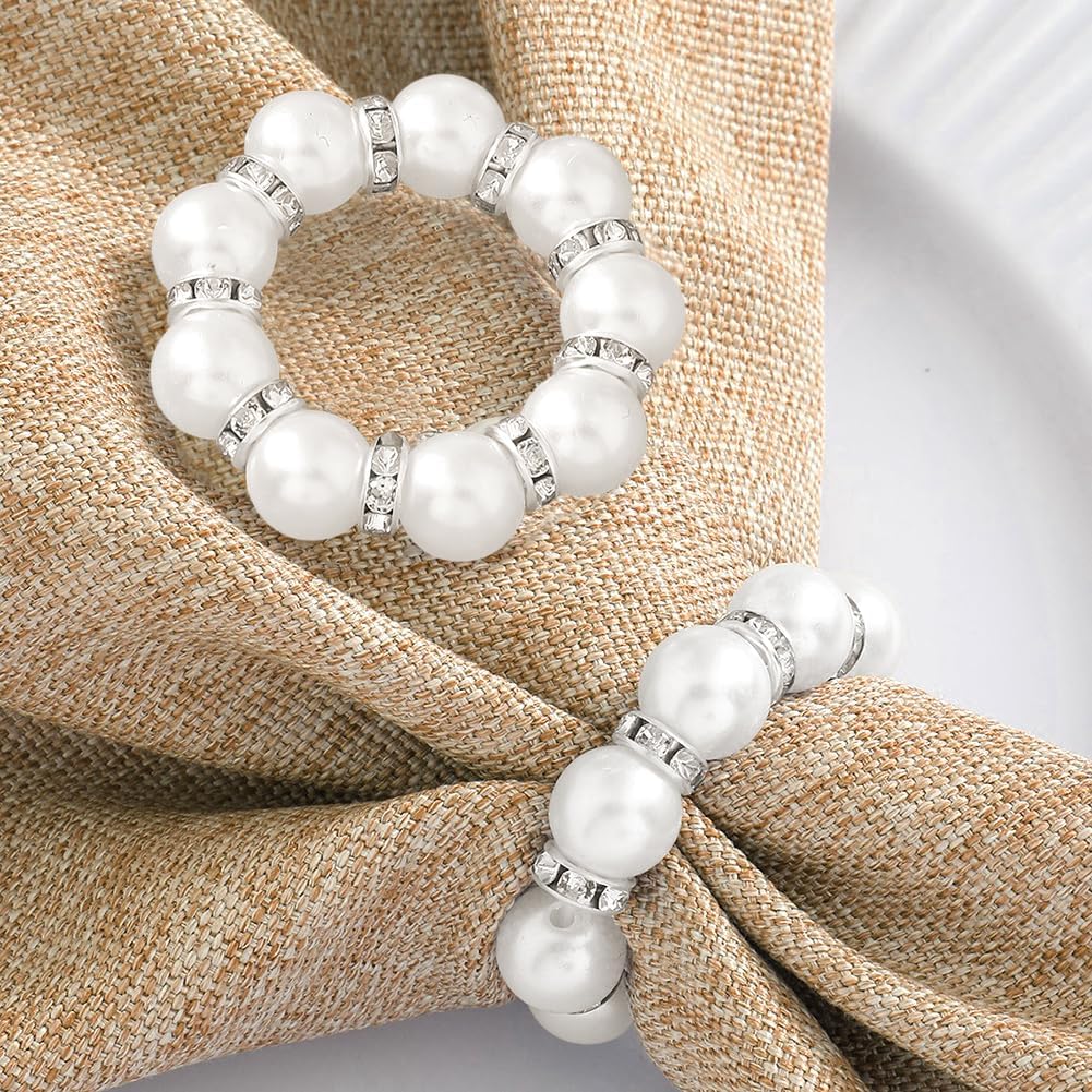 12Pcs Pearl Napkin Rings, Round Napkin Buckles Wedding Beaded White Napkin Rings Silver Napkin Ring