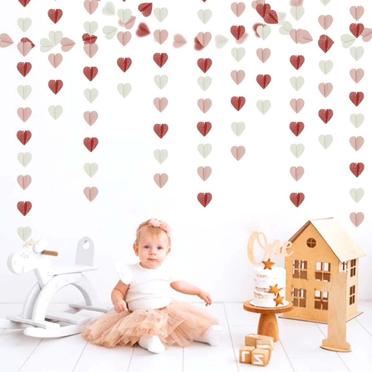 Rose-Gold Pink White 3D-Heart Garland - 39Ft Party Decorations Hanging Paper Streamers