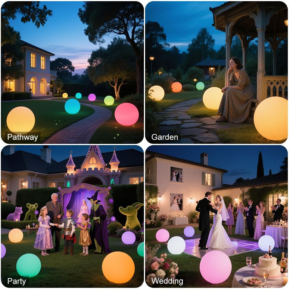 14-in LED Ball Light, Rechargeable Outdoor Globes Light Dimmable RGB Color Changing Globe Floor