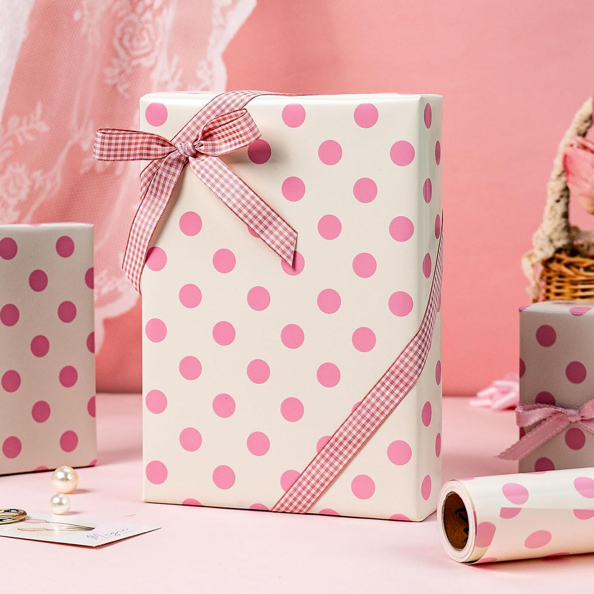 Burymento Pink and Beige Dots Wrapping Paper, Reversible Pink Gift Wrap for Birthday, Valentines