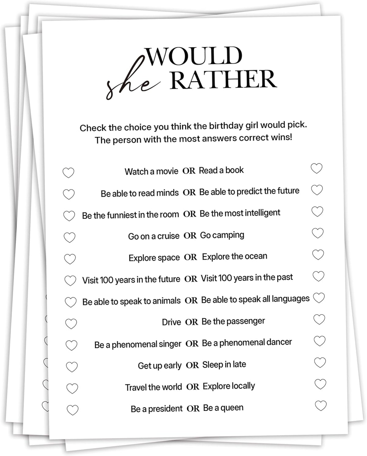 Birthday Party Games, Would She Rather, 25 Pcs Card Set for Guests, Fun Birthday Game for Teen