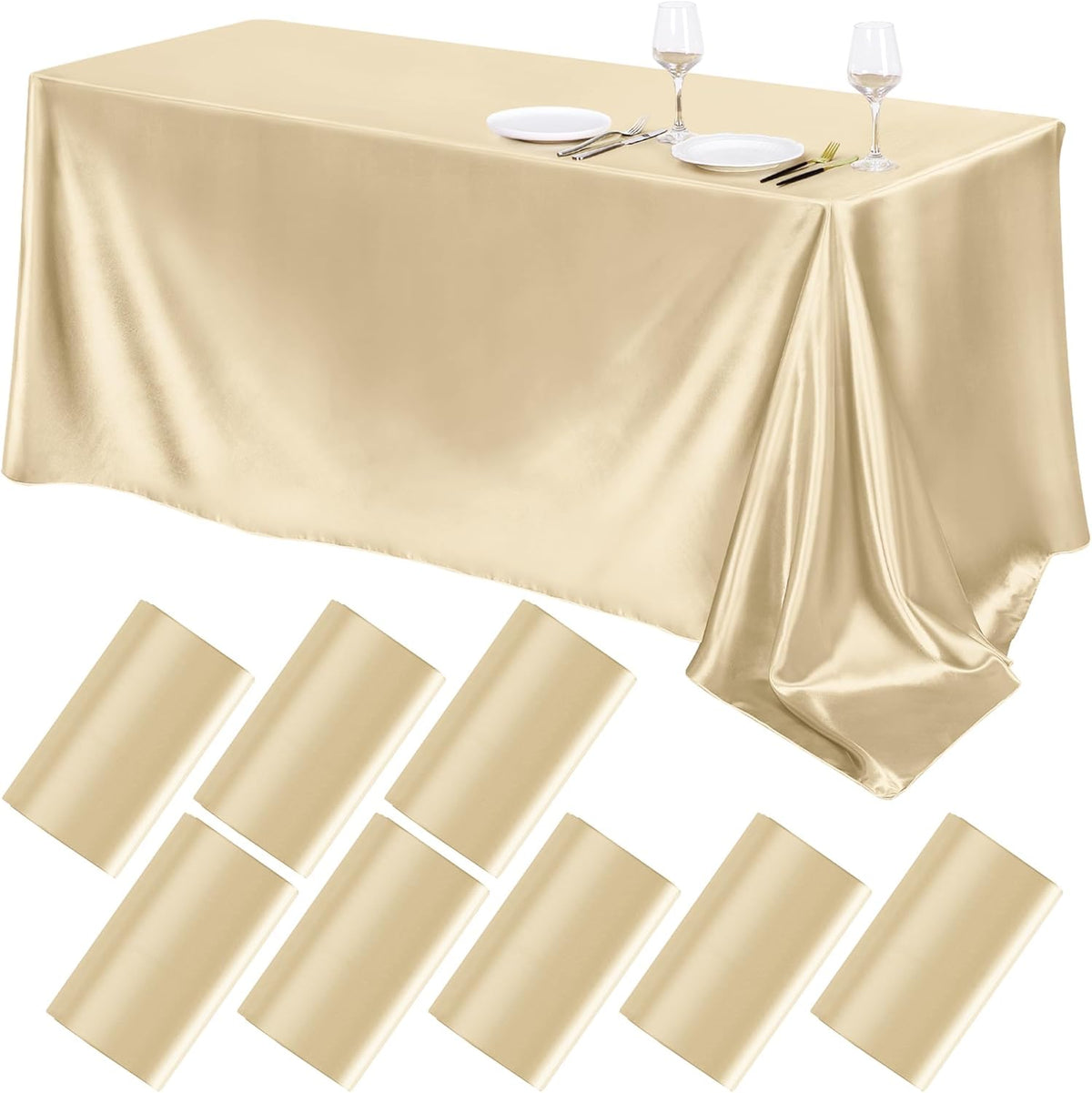 TURSTIN 8 Packs Champagne Satin Tablecloth 102 x 58 Inch Overlay Satin Table Cover Rectangle Bright