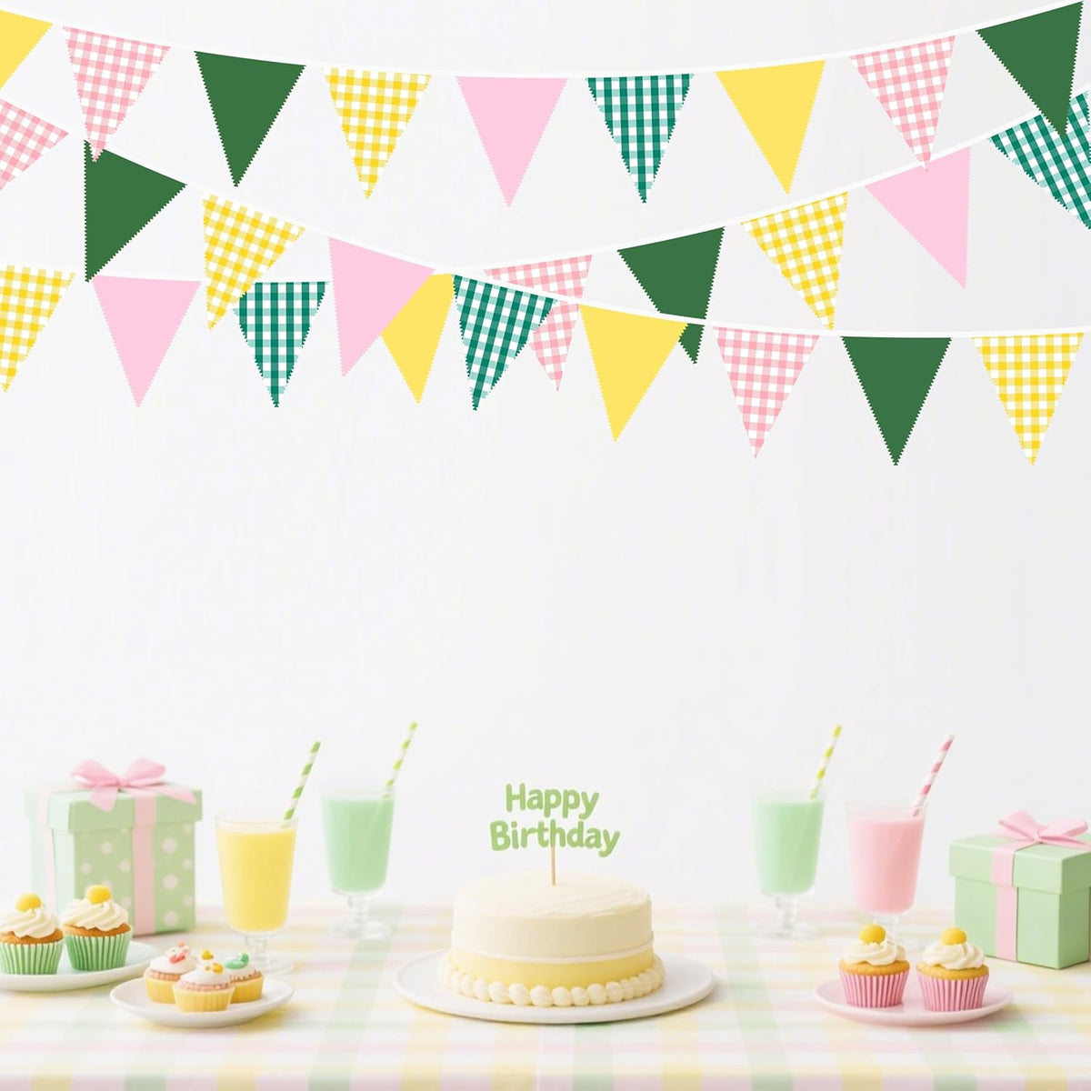 32Ft Camp Bride Party Decorations Pink Green Yellow Gingham Fabric Triangle Banner Flag Plaid