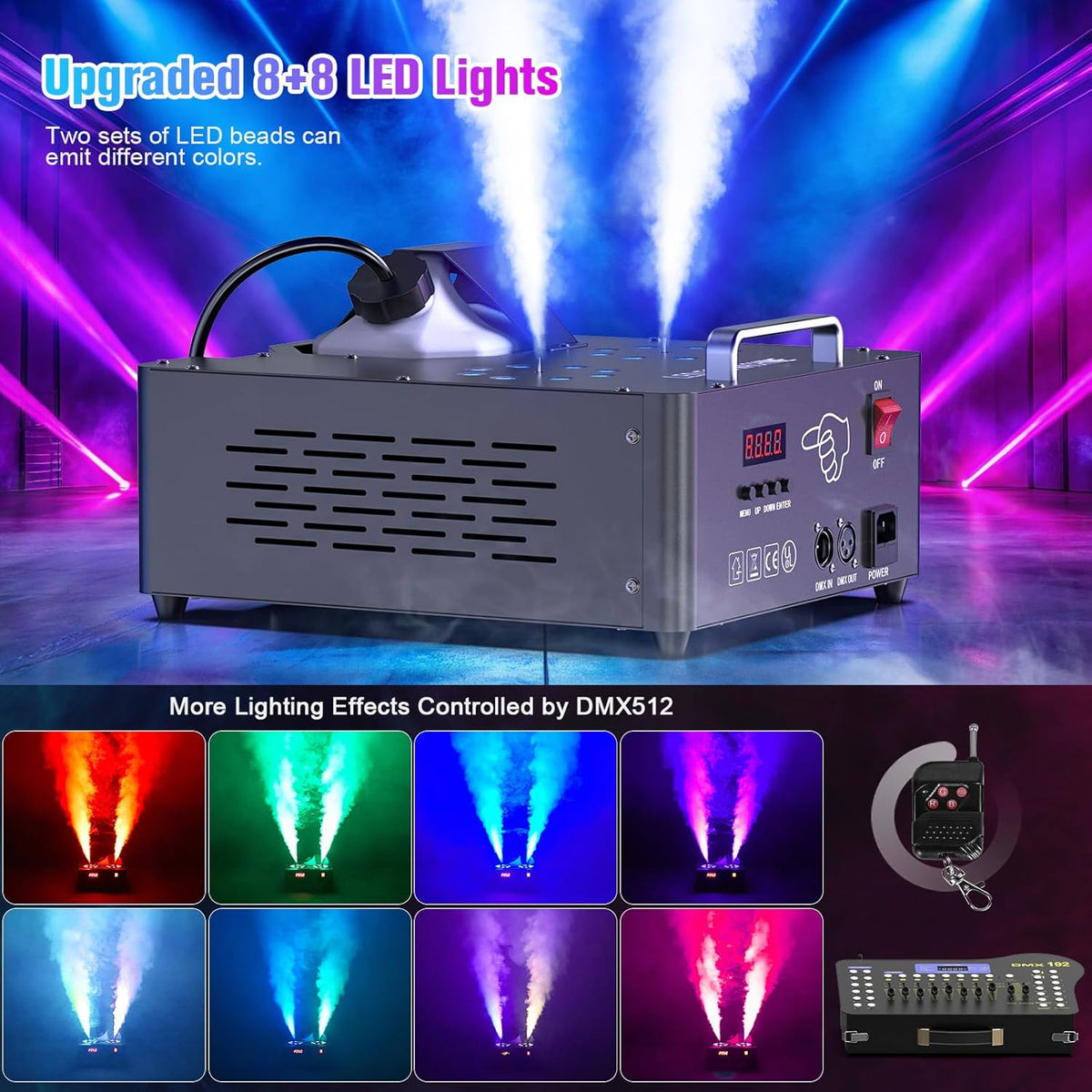 2000W Professional Fog Machine Dual Nozzle with 16 RGB LED, DMX Control Adjustable Smoke Direction
