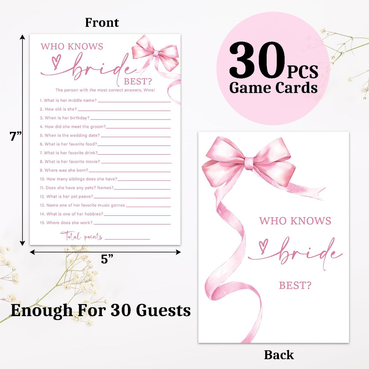 Pink Bow Wedding Shower Games Cards, Bridal Shower Games 30 Guest, Engagement Party Wedding Game