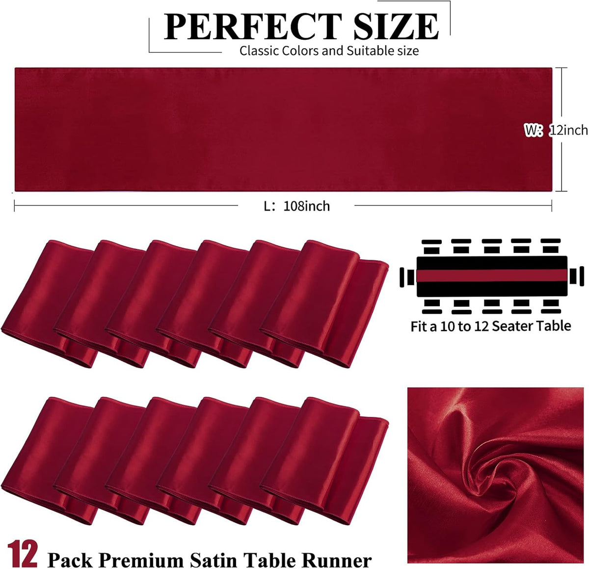 12 Pack Burgundy Satin Table Runner,12 x 108 inch Long Premium Smooth Table Runner for Wedding