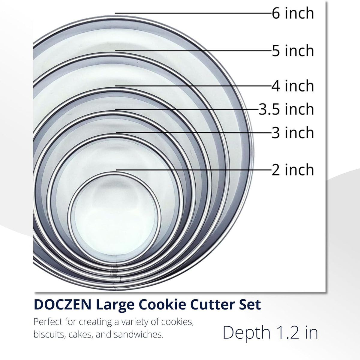 DOCZEN 6 PCS Round Cookie Cutter Set (2, 3, 3.5, 4, 5, 6 Inch) - Biscuit Cutters For Baking - Large