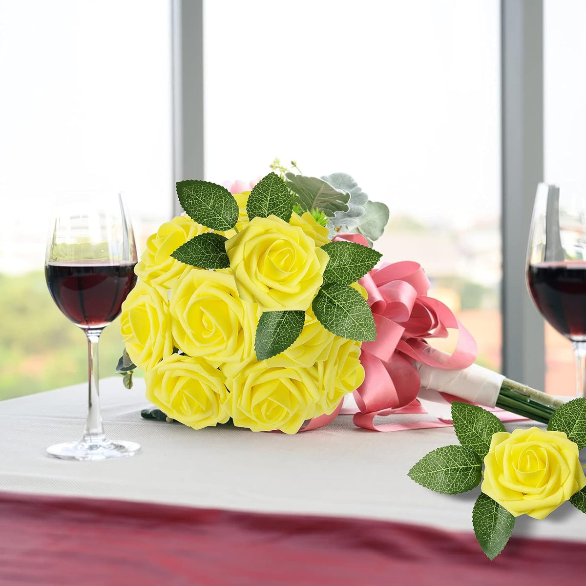 AmyHomie Artificial Flower Yellow Rose 25pcs Real Looking Fake Roses w/Stem for DIY Wedding