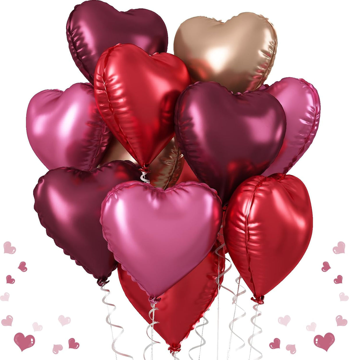 Wine Red Heart Balloons, 18 Inch 12 Pcs Burgundy Red and Pink Foil Heart Balloons Red and Rose Gold
