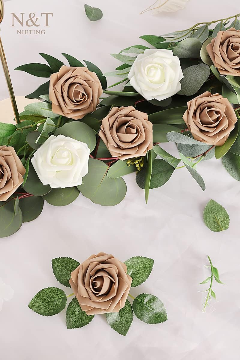 N&T NIETING Artificial Flowers Light Brown Roses, 50 Pcs Faux Flowers Fake Flowers Perfect for DIY