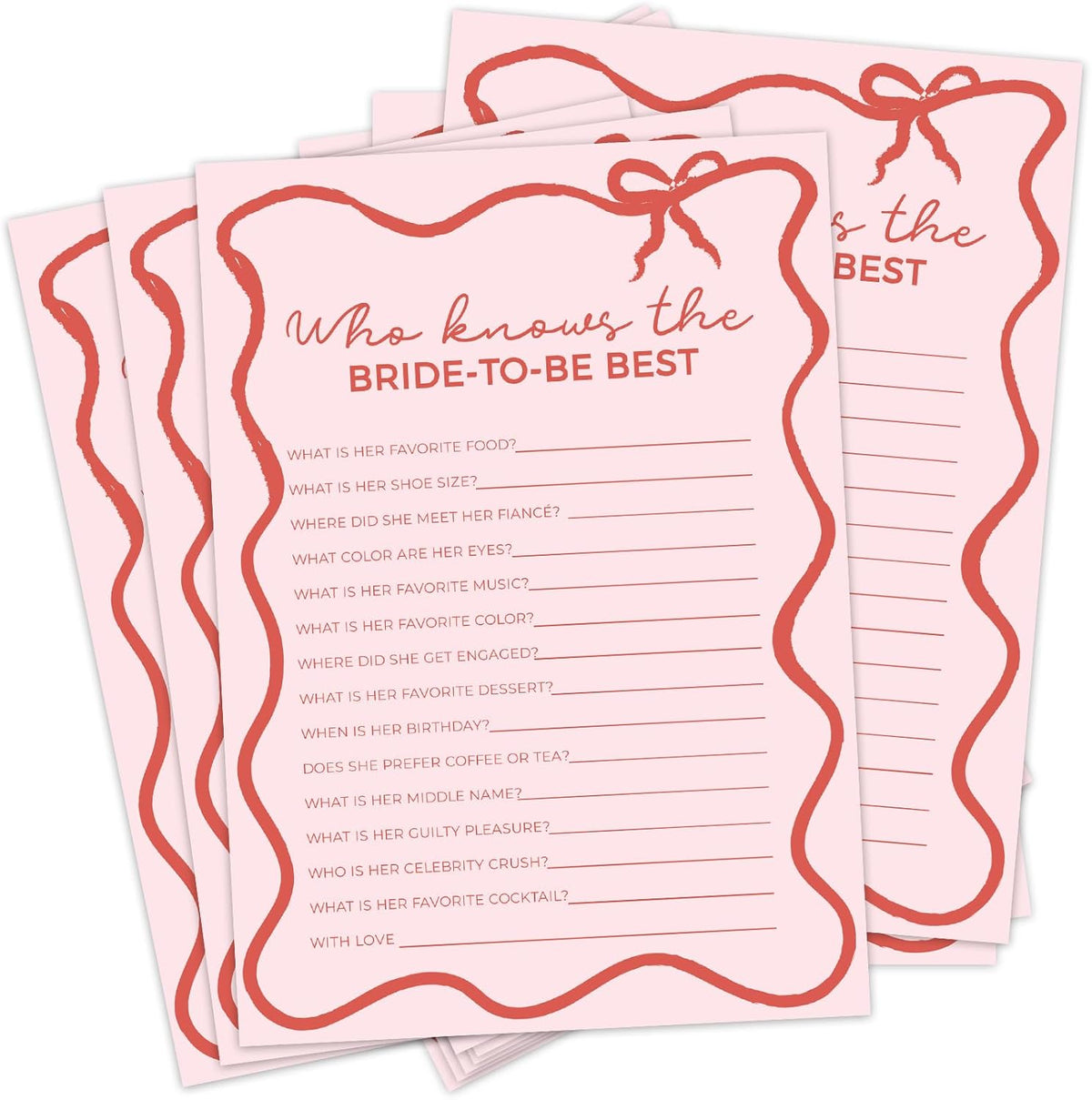 DEEKA 30 PCS Bridal Shower Games Card for 30 Guests Pink Wavy Border Ribbon Bow Funny Wedding