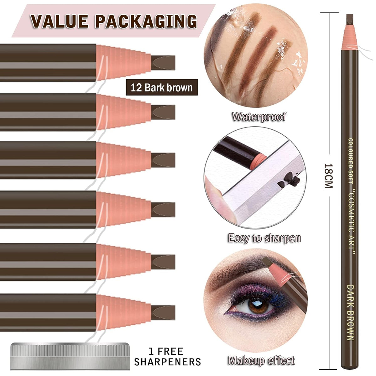 12 Piece Dark Brown Colour Waterproof Eyebrows Pencil Tattoo Makeup And Microblading Supplies