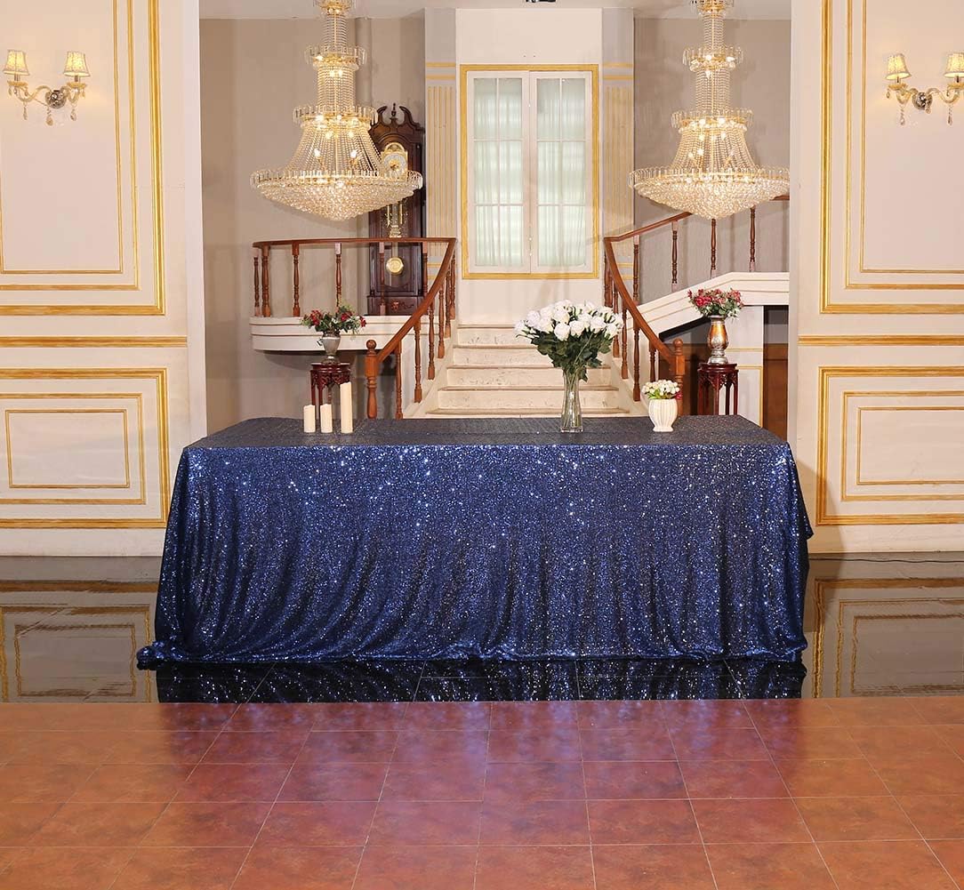 SquarePie Sequin Tablecloth Rectangular 60 x 102 Inch Navy Blue Sparkly Table Linen for Wedding