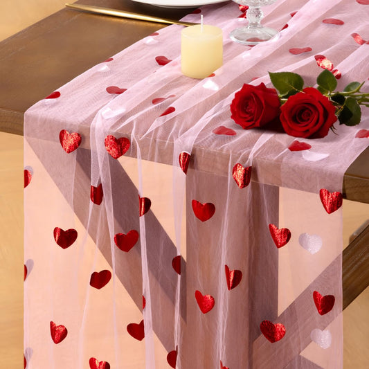 Gold Gauze Table Runner Red Heart Sheer Romantic Wedding Party Table Decor