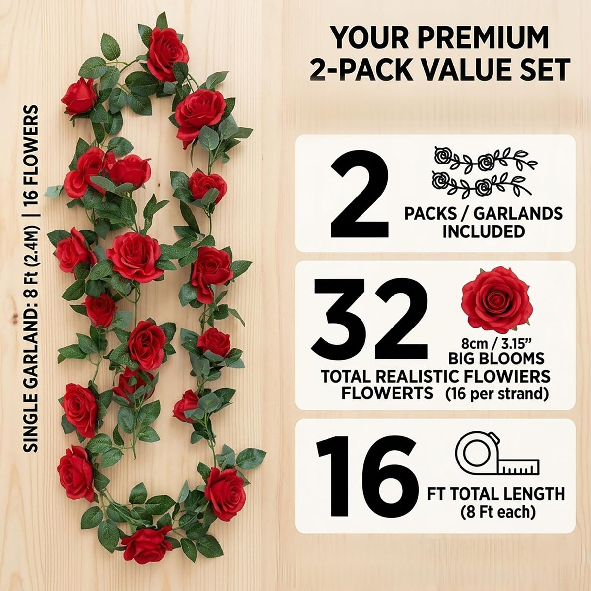 SWSTINLING 2 Pack 16FT Artificial Silk Rose Garland Vine