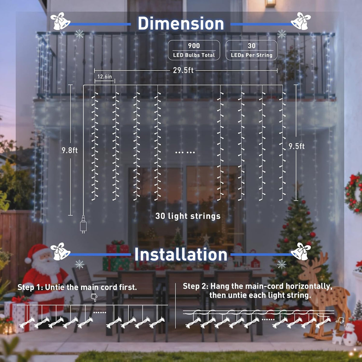 JMEXSUSS 900LED Christmas Curtain Lights Outdoor with Remote, 9.5x29.5ft White Christmas Lights