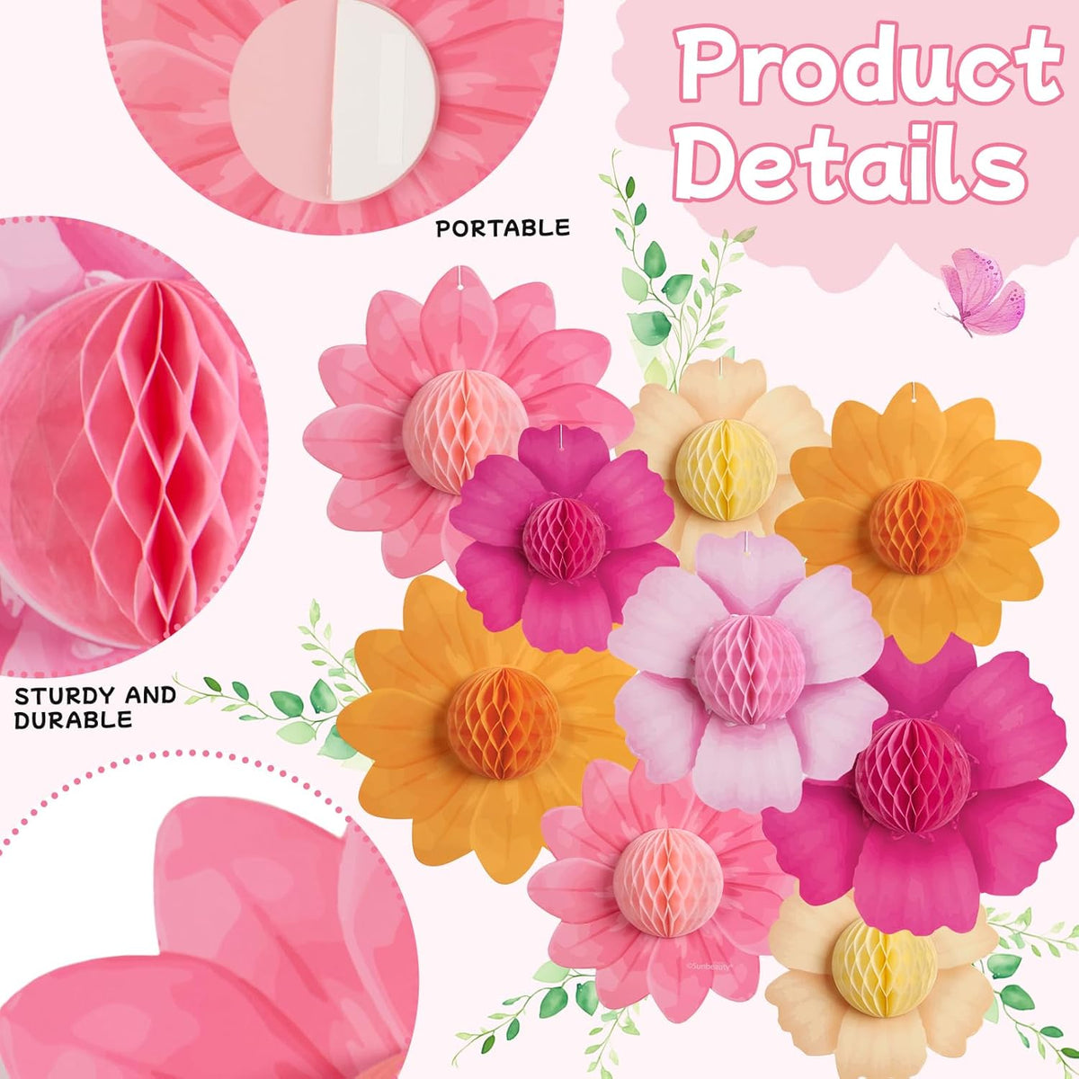 SUNBEAUTY 9 PCS Hot Pink and Orange Party Decorations Fall Large Hanging Paper Flowers Honeycomb
