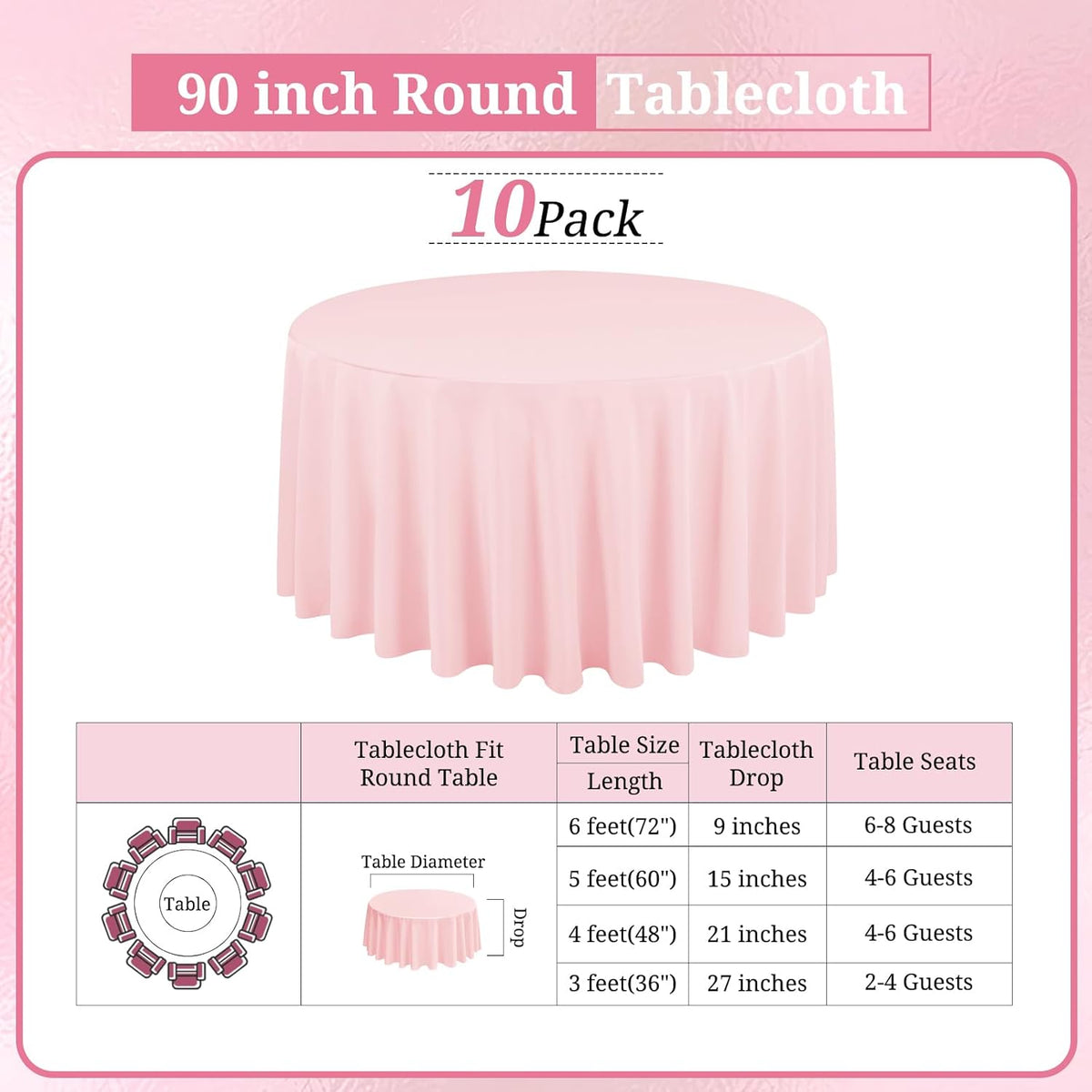10 Pack Pink Round Tablecloths - 90 Inch, Polyester Table Cover, Stain and Wrinkle Resistant