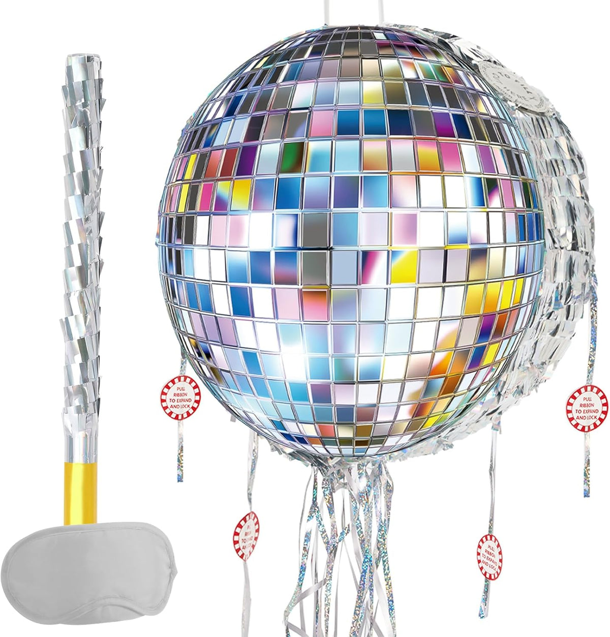 WERNNSAI Disco Ball Piñata - Disco Party Decoration Pull String Mirror Piñata with Bat and