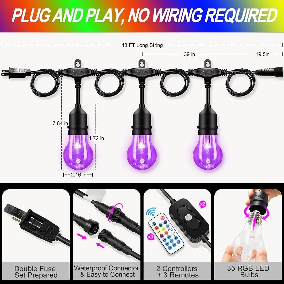 96FT Solar Outdoor String Lights, 30 Shatterproof Edison Bulbs, Dimmable Color Changing RGB LED