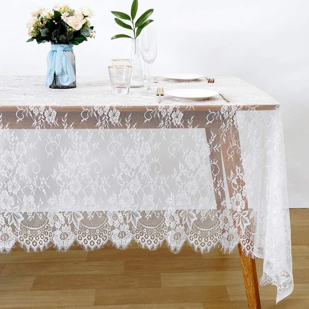 LuoluoHouse 2 Pack 60 x 120 Inch White Lace Rustic Table Cloths Vintage Farmhouse Table Fabric