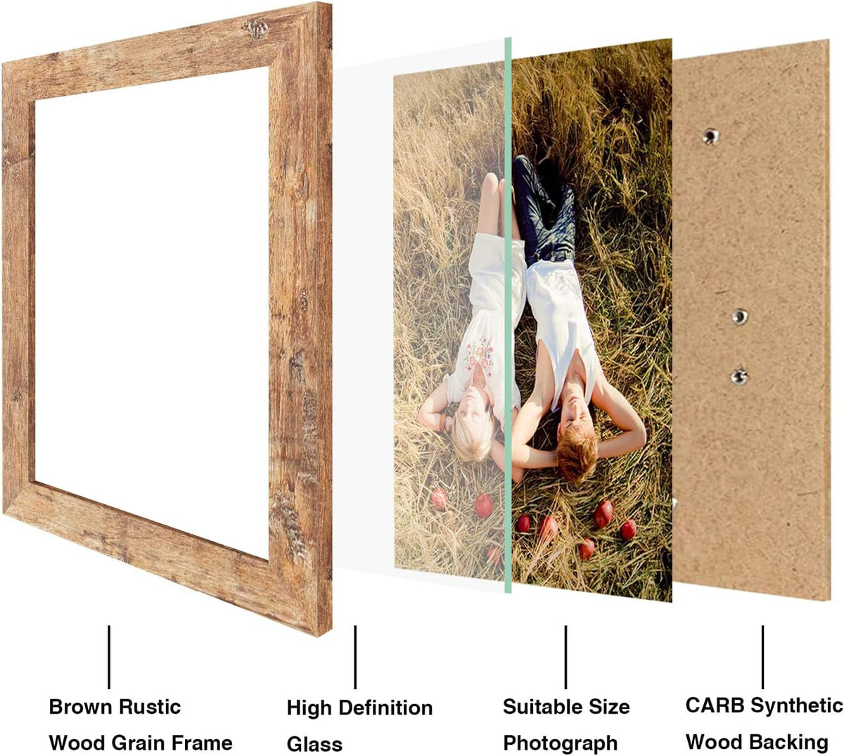 8x10 Picture Frame Set of 4, High Definition Real Glass Rustic Brown Frame, 8 x 10 Wood Photo