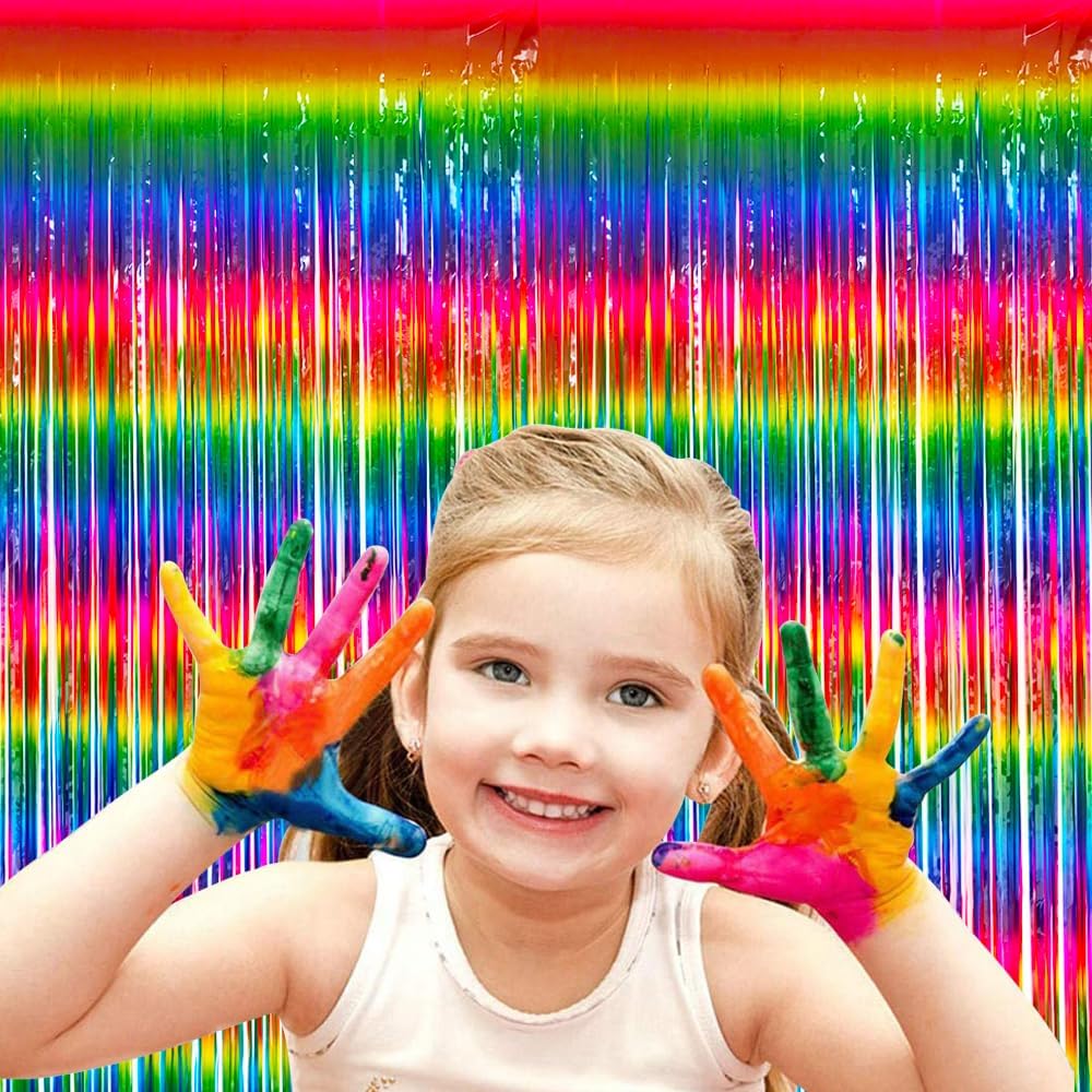 BEISHIDA 2 Pack Dark Rainbow Colorful Foil Fringe Curtain, Assort Color Tinsel Metallic Curtains