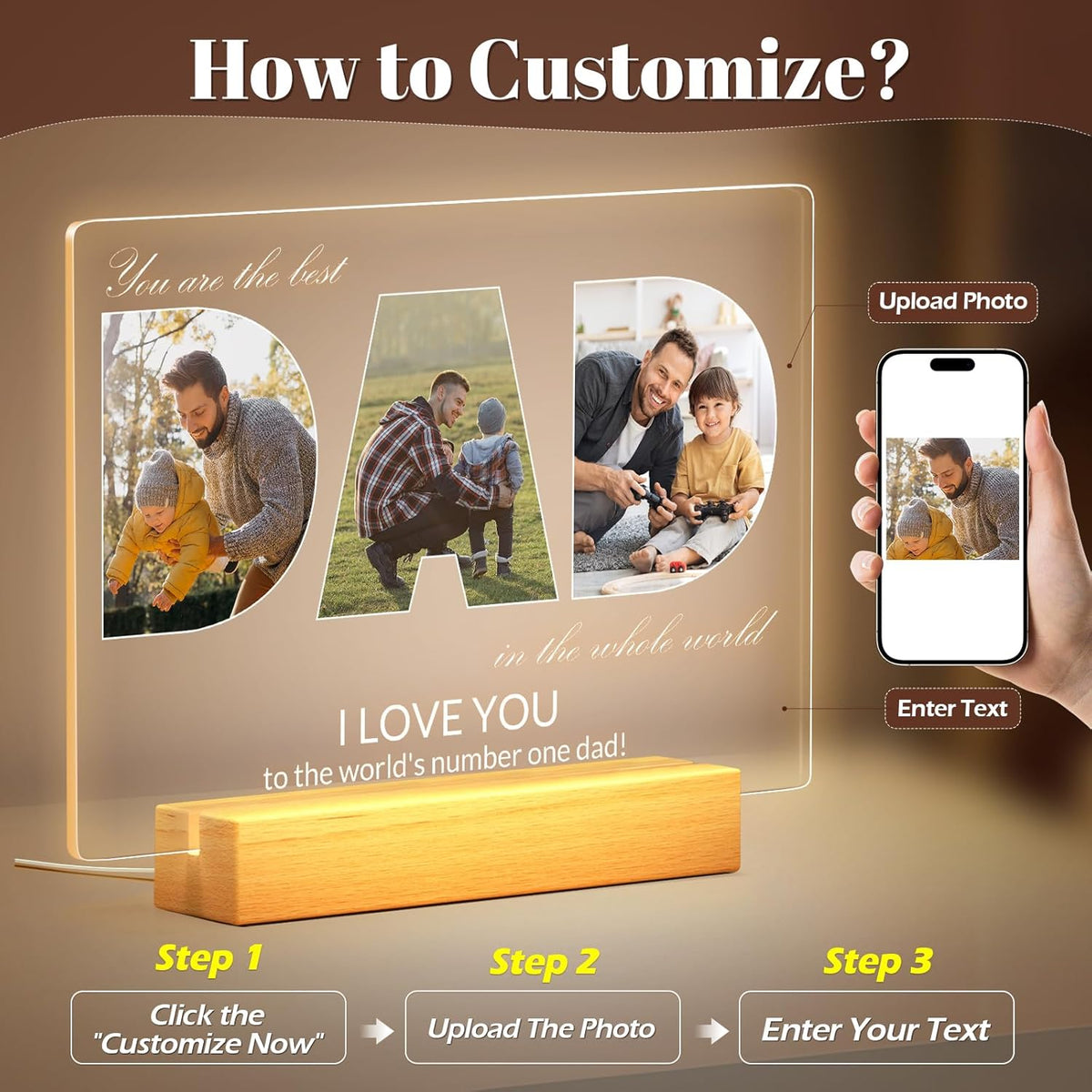 Personalized Gifts for Dad from Daughter & Son, Custom DAD Picture Frames with Photo, Customized