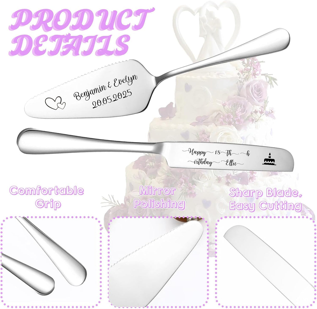 Custom Wedding Cake Knife and Server Set,Personalised Cake Serving Kit,Engraved Cake Cutting Set