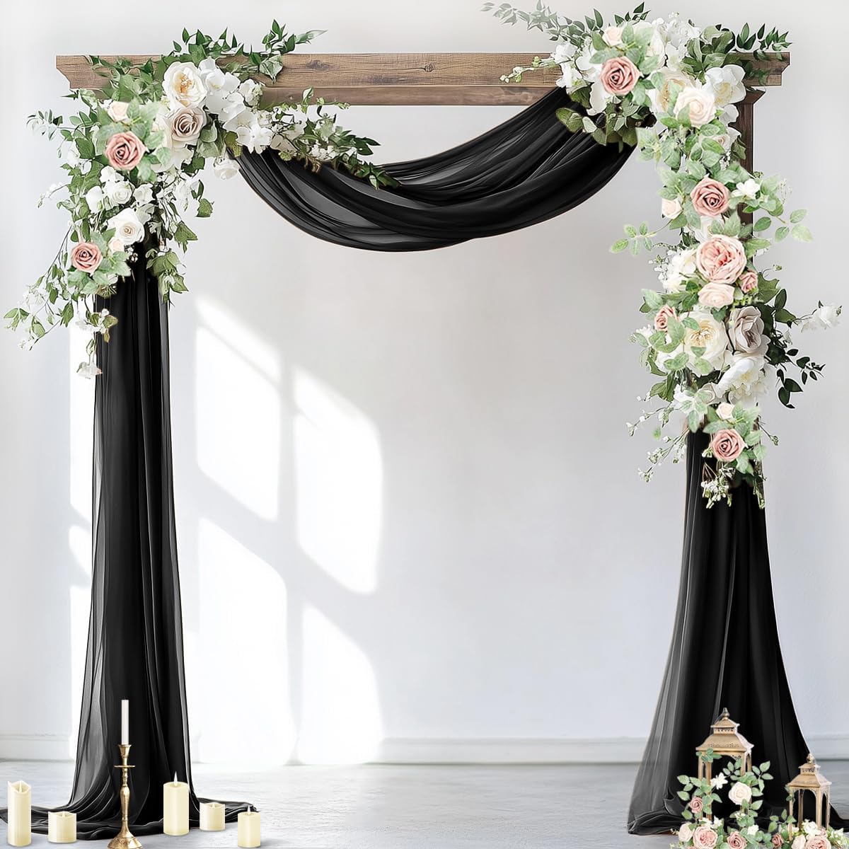 Socomi Wedding Arch Draping Fabric 2 Panels 29" x 18Ft Black Sheer Curtain Drapes 6 Yards for