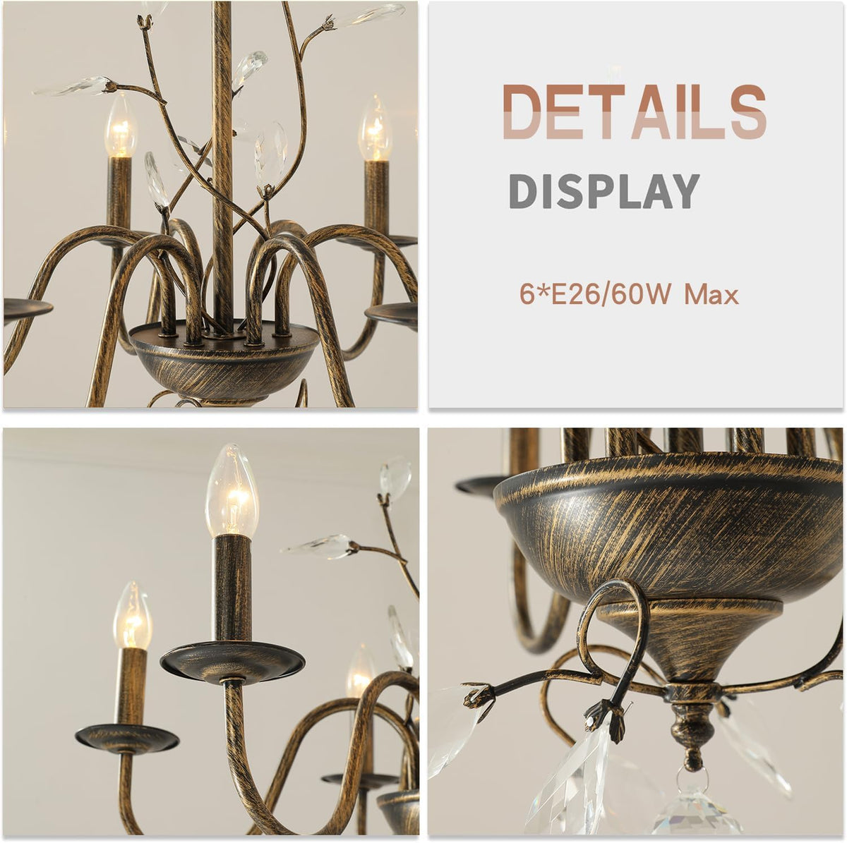 Farmhouse Crystal Chandelier,26 Inch Modern Flower Branch Oil-Rubbed Bronze Rustic Vintage Hanging